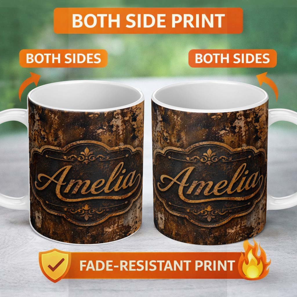 Personalized Custom Name Abstract Rust Splash Texture Seamless Pattern Industrial Artistic 11oz Ceramic Coffee Tea Mug White Large Handle
