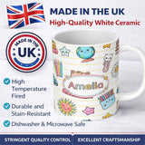Personalized Custom Name Cute Kawaii School Cat Books Stationery Pattern Yellow Lines Lovely 11oz Ceramic Coffee Tea Mug White Large Handle