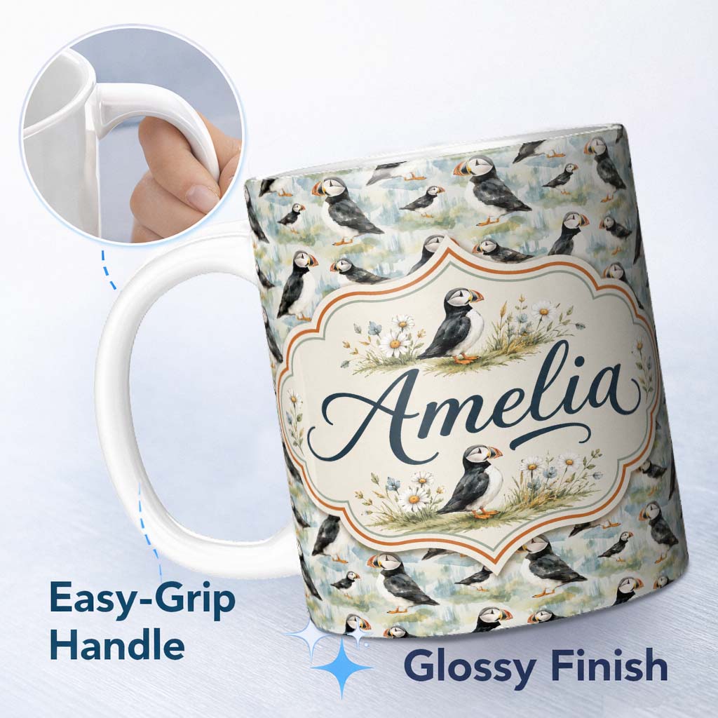 Personalized Custom Name Cute Puffin Birds Watercolor Seamless Pattern Coastal Nature Lovely 11oz Ceramic Coffee Tea Mug White Large Handle