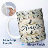 Personalized Custom Name Cute Puffin Birds Watercolor Seamless Pattern Coastal Nature Lovely 11oz Ceramic Coffee Tea Mug White Large Handle