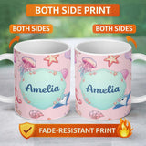 Personalized Custom Name Cute Blue Hair Mermaid Jellyfish Seahorse Soft Pink Background 11oz Ceramic Coffee Tea Mug White Large Handle