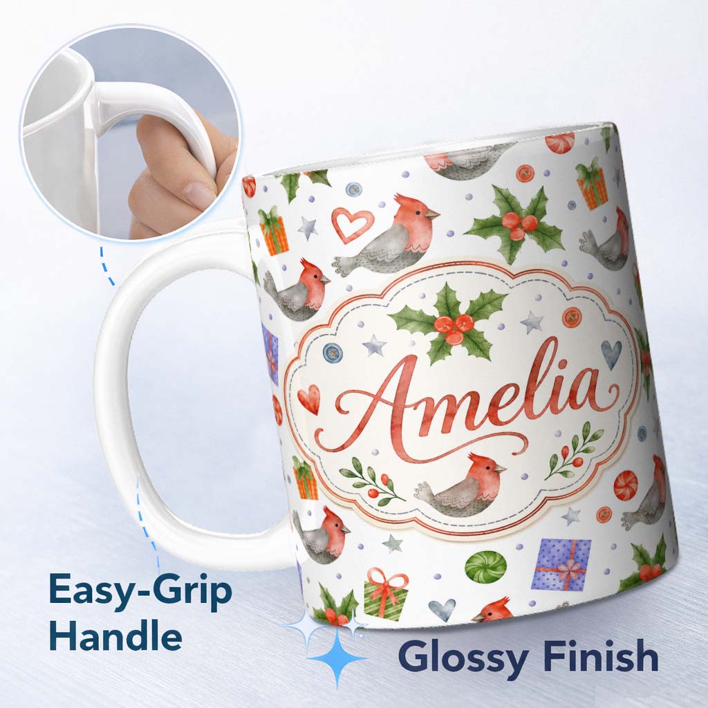 Personalized Custom Name Cute Cardinal Bird Holly Gift Heart Festive Seamless Pattern Lovely 11oz Ceramic Coffee Tea Mug White Large Handle