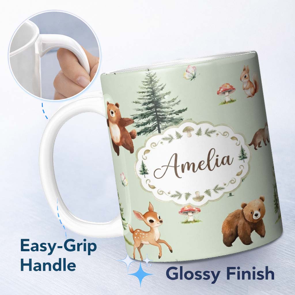 Personalized Custom Name Cute Woodland Forest Animals Bear Bunny Deer on Warm Beige Lovely 11oz Ceramic Coffee Tea Mug White Large Handle