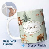 Personalized Custom Name Cute Woodland Forest Animals Bear Bunny Deer on Warm Beige Lovely 11oz Ceramic Coffee Tea Mug White Large Handle