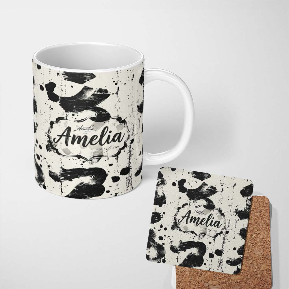 Personalized Custom Name Expressive Black Ink Calligraphy Brush Marks on Neutral Background 11oz Ceramic Coffee Tea Mug White Large Handle