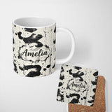 Personalized Custom Name Expressive Black Ink Calligraphy Brush Marks on Neutral Background 11oz Ceramic Coffee Tea Mug White Large Handle