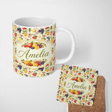 Personalized Custom Name Classic Botanical Berry and Citrus Fruit Seamless Pattern Lovely 11oz Ceramic Coffee Tea Mug White Large Handle