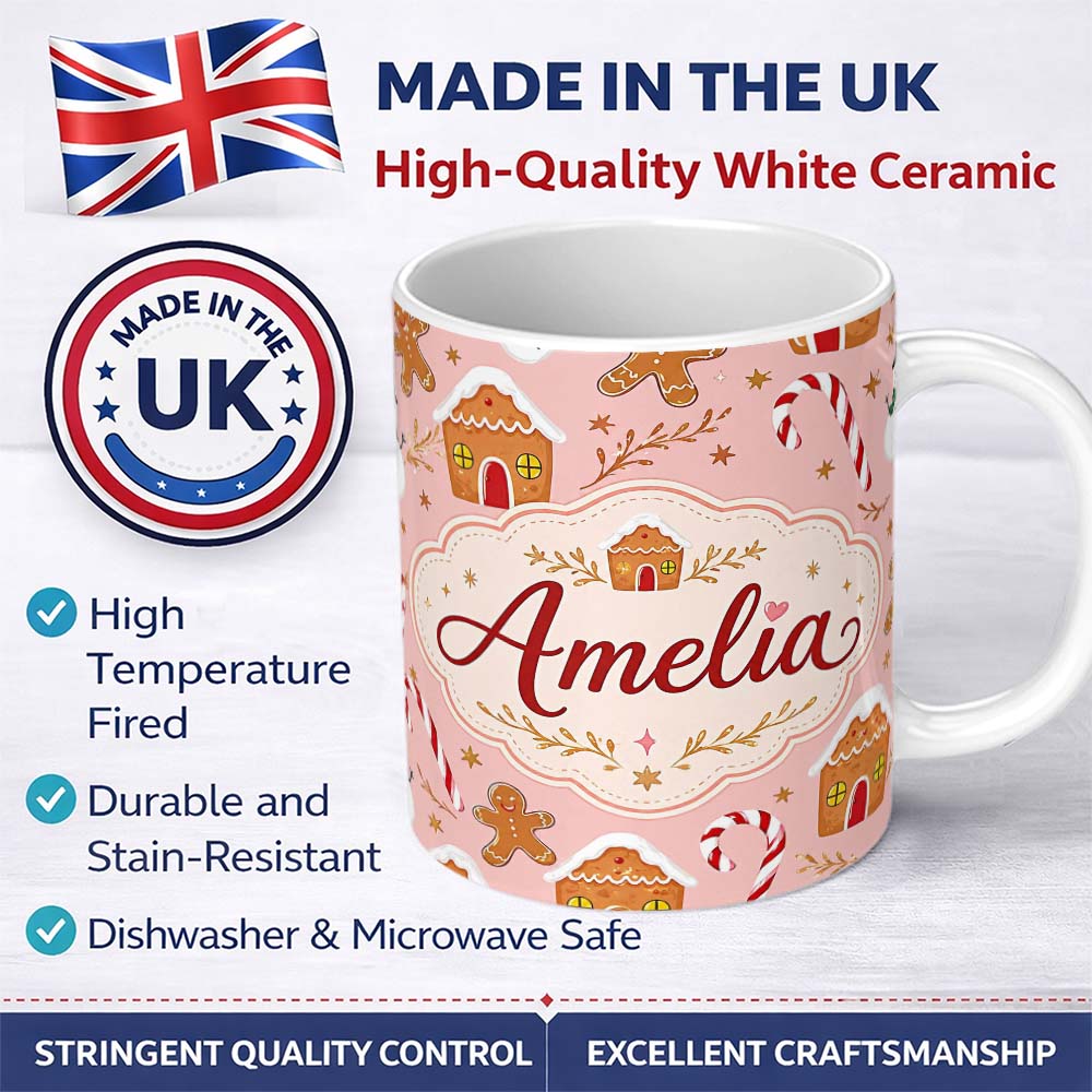 Personalized Custom Name Cute Gingerbread House Candy Cane Snowman Pink Seamless Pattern 11oz Ceramic Coffee Tea Mug White Large Handle