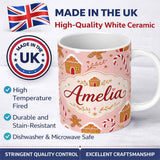 Personalized Custom Name Cute Gingerbread House Candy Cane Snowman Pink Seamless Pattern 11oz Ceramic Coffee Tea Mug White Large Handle