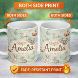 Personalized Custom Name Woodland Animals Koala Kangaroo Bear Floral Mint Green Seamless 11oz Ceramic Coffee Tea Mug White Large Handle