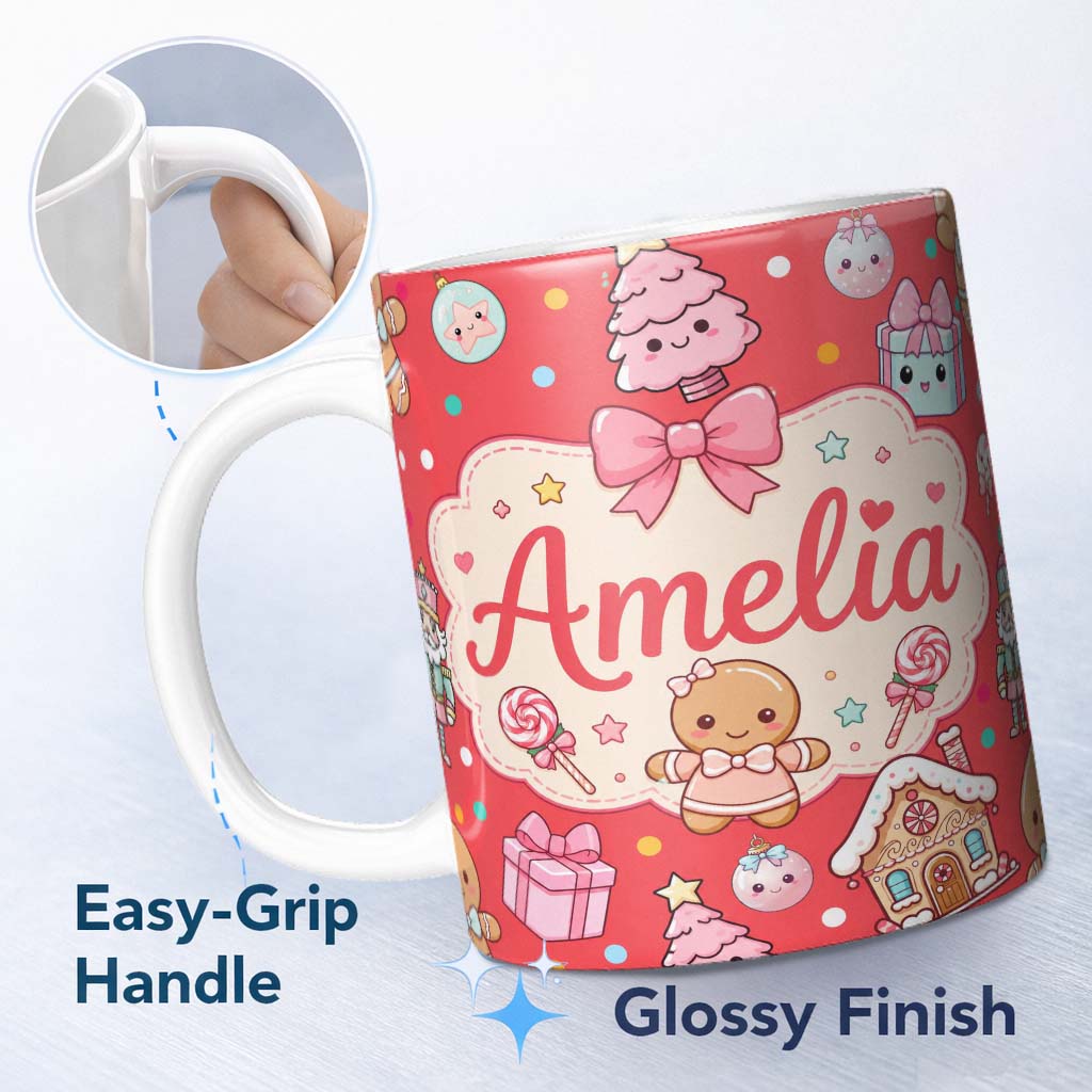 Personalized Custom Name Cute Christmas Gingerbread Candy Gift House Seamless Pattern Red 11oz Ceramic Coffee Tea Mug White Large Handle