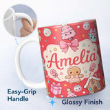 Personalized Custom Name Cute Christmas Gingerbread Candy Gift House Seamless Pattern Red 11oz Ceramic Coffee Tea Mug White Large Handle