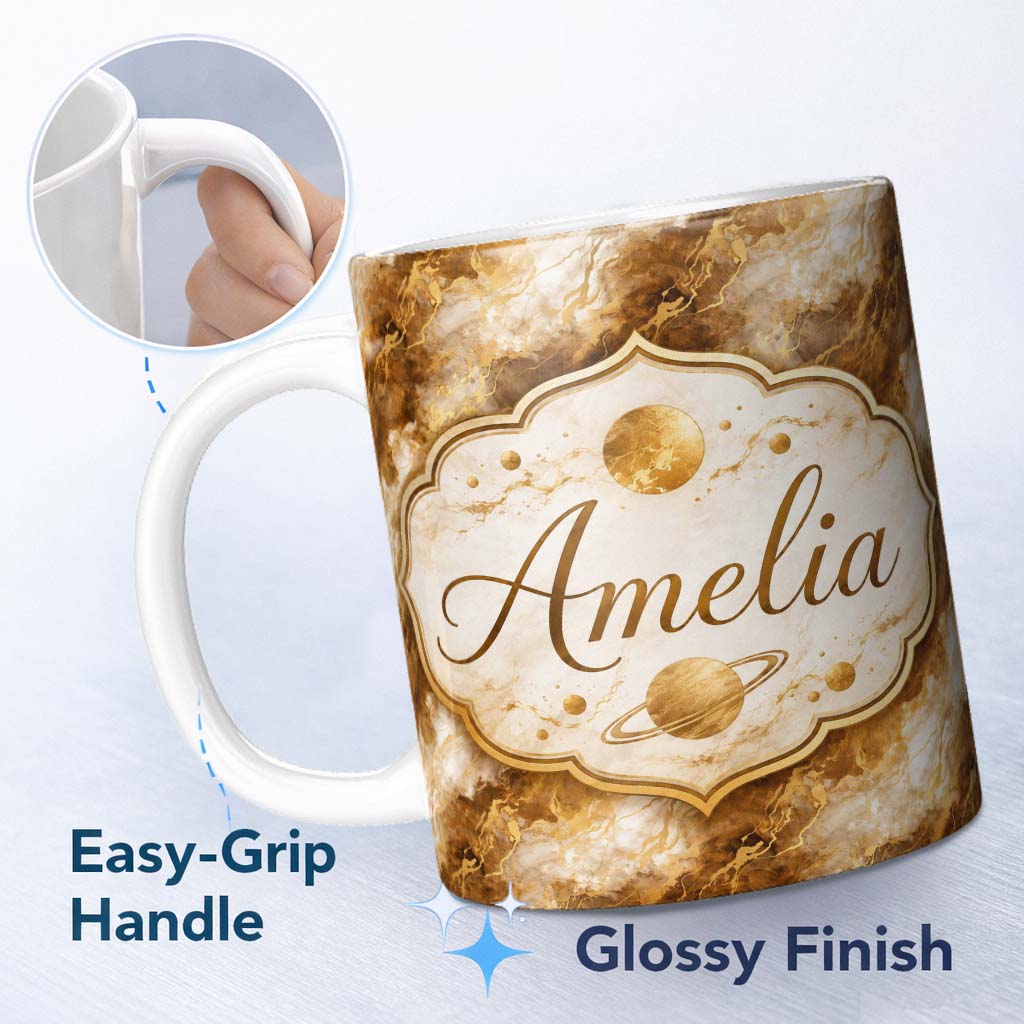 Personalized Custom Name White Gold Marble Texture Seamless Pattern Luxury Stone Lovely 11oz Ceramic Coffee Tea Mug White Large Handle
