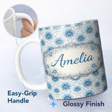 Personalized Custom Name Blue Floral Vintage Seamless Pattern Elegant Botanical Design Lovely 11oz Ceramic Coffee Tea Mug White Large Handle