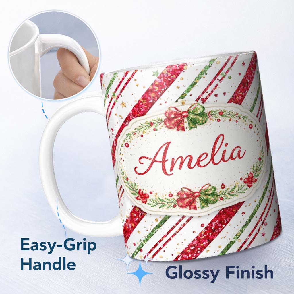 Personalized Custom Name Red Green Glitter Stripe Christmas Pattern Festive Seamless Design 11oz Ceramic Coffee Tea Mug White Large Handle