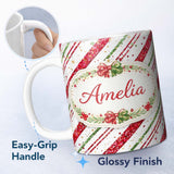 Personalized Custom Name Red Green Glitter Stripe Christmas Pattern Festive Seamless Design 11oz Ceramic Coffee Tea Mug White Large Handle