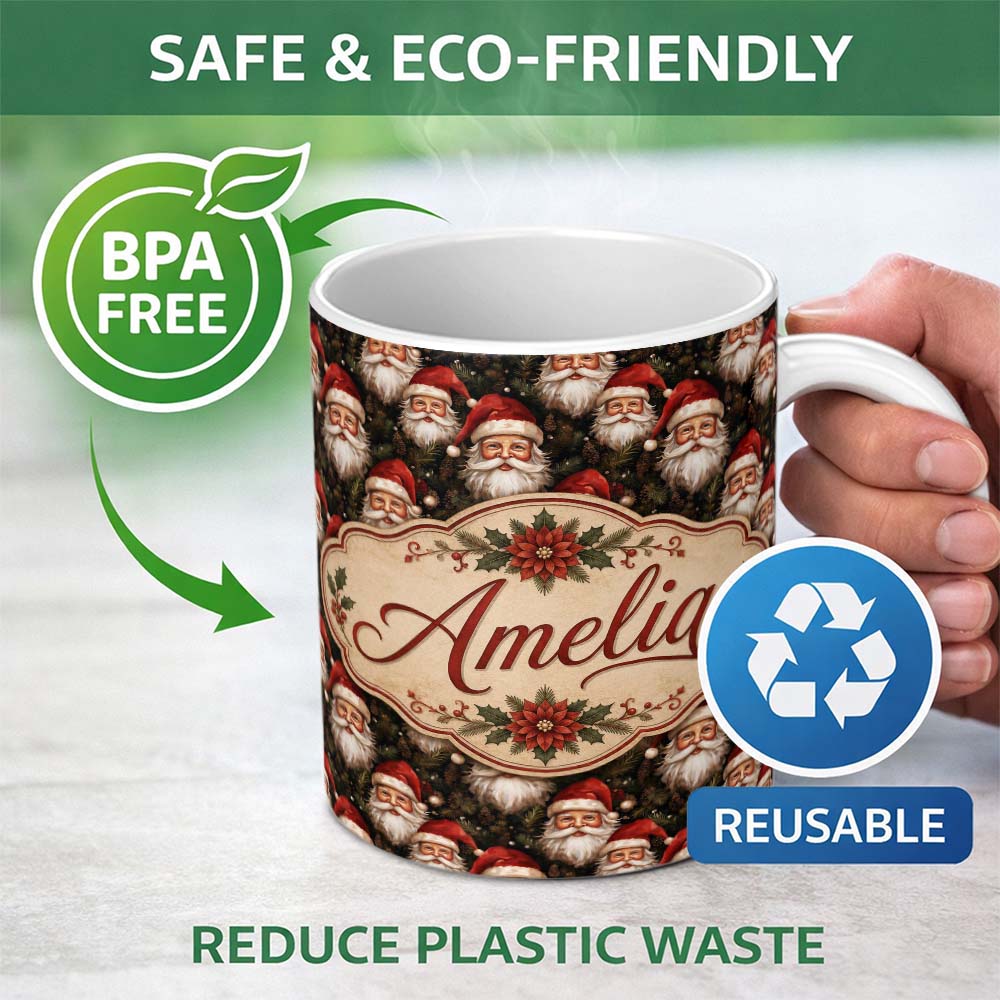 Personalized Custom Name Realistic Santa Faces Pine Cones Evergreen Forest Rich Festive 11oz Ceramic Coffee Tea Mug White Large Handle