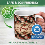 Personalized Custom Name Realistic Santa Faces Pine Cones Evergreen Forest Rich Festive 11oz Ceramic Coffee Tea Mug White Large Handle