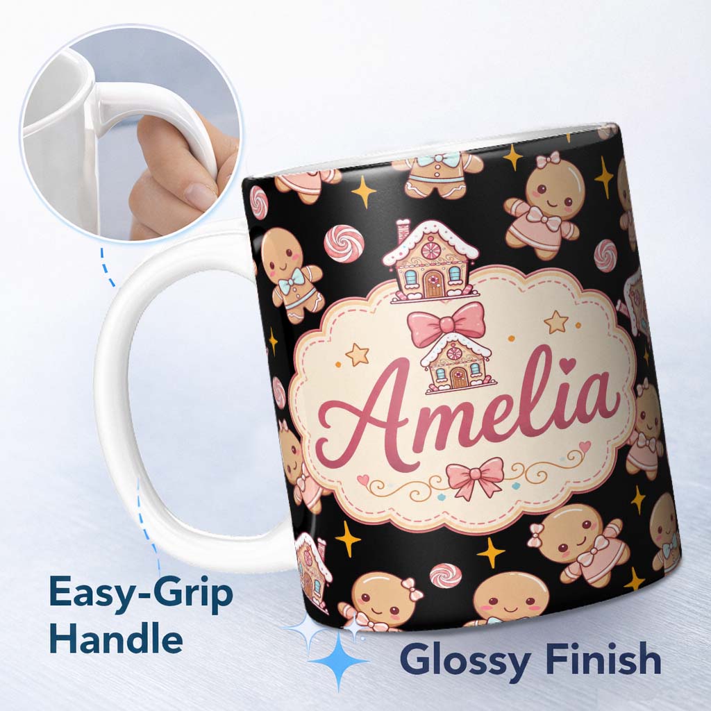 Personalized Custom Name Cute Christmas Gingerbread Candy House Gifts Seamless Pattern Black 11oz Ceramic Coffee Tea Mug White Large Handle