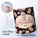Personalized Custom Name Cute Christmas Gingerbread Candy House Gifts Seamless Pattern Black 11oz Ceramic Coffee Tea Mug White Large Handle