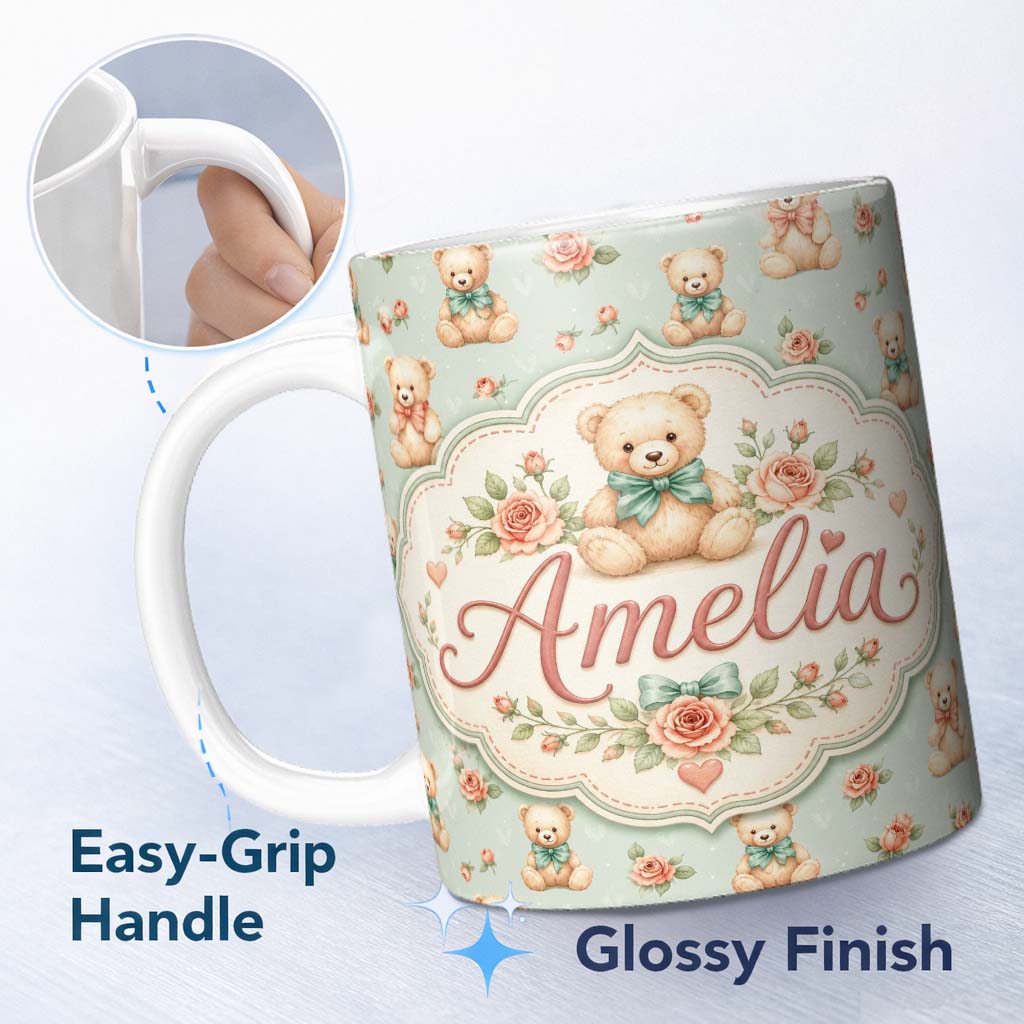 Personalized Custom Name Soft Teddy Bears with Bows and Rose Flowers Seamless Pattern Lovely 11oz Ceramic Coffee Tea Mug White Large Handle