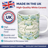 Personalized Custom Name Soft Aqua Blue Hydrangea Floral Seamless Pattern Cute Unique Gift 11oz Ceramic Coffee Tea Mug White Large Handle