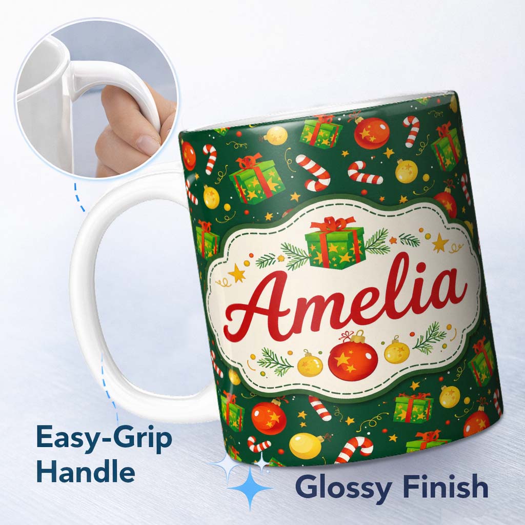 Personalized Custom Name Christmas Gift Box Candy Cane Ornament Seamless Pattern Lovely 11oz Ceramic Coffee Tea Mug White Large Handle