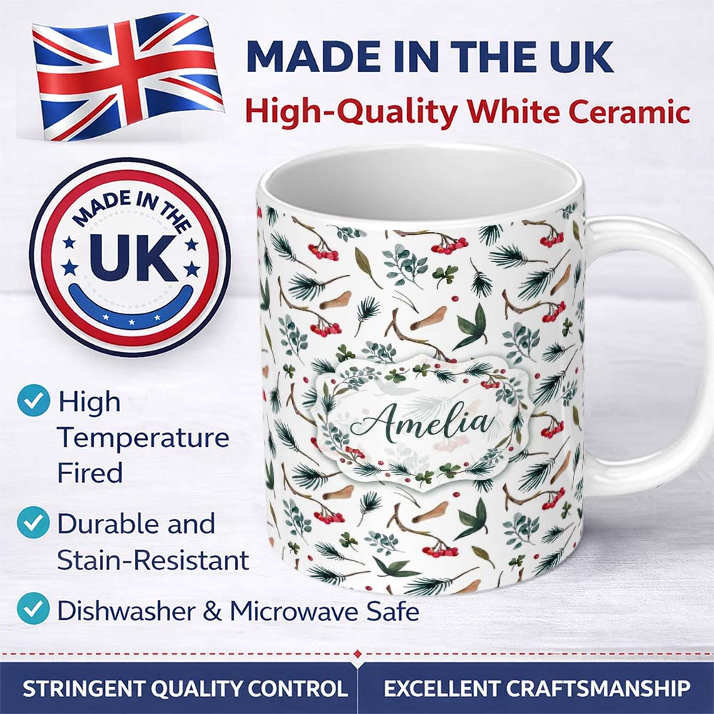 Personalized Custom Name Watercolor Winter Branch Pine Leaf Berry Natural Seamless Pattern 11oz Ceramic Coffee Tea Mug White Large Handle