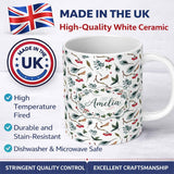 Personalized Custom Name Watercolor Winter Branch Pine Leaf Berry Natural Seamless Pattern 11oz Ceramic Coffee Tea Mug White Large Handle