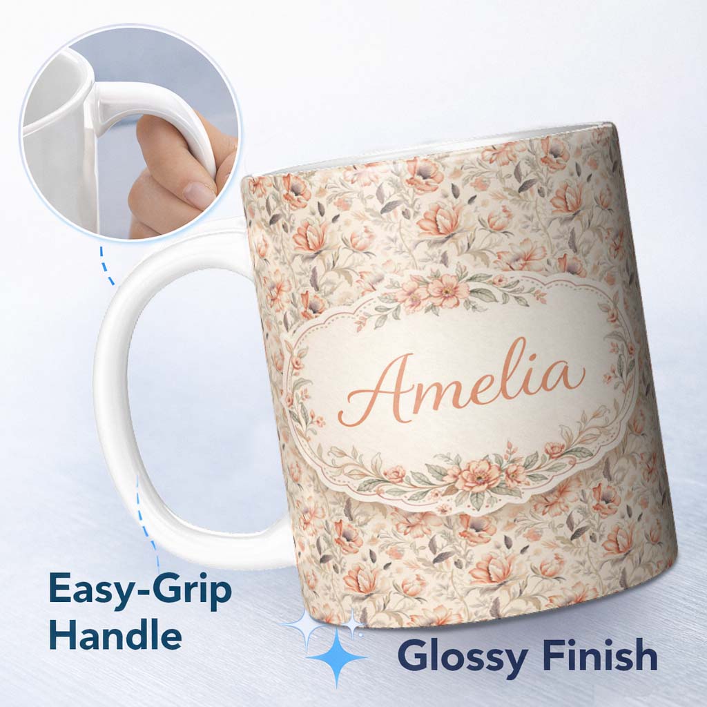 Personalized Custom Name Elegant Peach Floral Blossoms on Soft Cream Background Seamless 11oz Ceramic Coffee Tea Mug White Large Handle