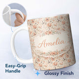 Personalized Custom Name Elegant Peach Floral Blossoms on Soft Cream Background Seamless 11oz Ceramic Coffee Tea Mug White Large Handle