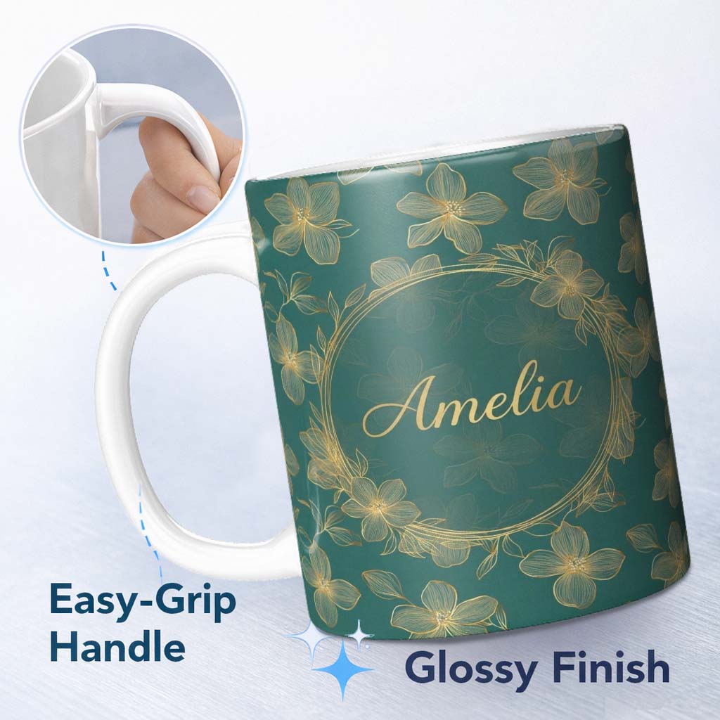 Personalized Custom Name Luxury Teal Background Gold Line Art Floral Blossoms Seamless Lovely 11oz Ceramic Coffee Tea Mug White Large Handle