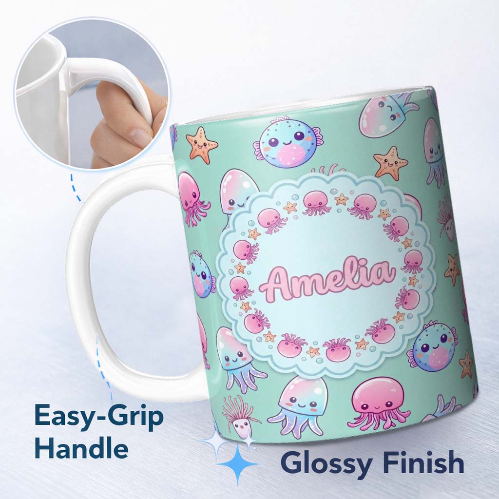 Personalized Custom Name Kawaii Jellyfish Puffer Fish Starfish Pastel Ocean Creatures Mint 11oz Ceramic Coffee Tea Mug White Large Handle