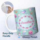 Personalized Custom Name Kawaii Jellyfish Puffer Fish Starfish Pastel Ocean Creatures Mint 11oz Ceramic Coffee Tea Mug White Large Handle