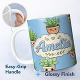 Personalized Custom Name Cute Kawaii Cute Plant Pots Leaves Seamless Pattern Blue Background 11oz Ceramic Coffee Tea Mug White Large Handle