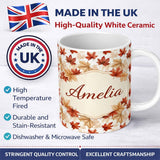 Personalized Custom Name Autumn Maple Leaf Pattern in Warm Red and Beige Tones on Light 11oz Ceramic Coffee Tea Mug White Large Handle