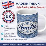 Personalized Custom Name Cute Blue Knitted Winter Heart Snowflake Nordic Seamless Pattern 11oz Ceramic Coffee Tea Mug White Large Handle