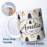 Personalized Custom Name Scandi Christmas Trees Gift Bags Neutral Festive Seamless Pattern 11oz Ceramic Coffee Tea Mug White Large Handle