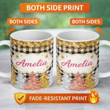 Personalized Custom Name Black Gold Christmas Plaid Pattern Festive Snowflake Seamless Design 11oz Ceramic Coffee Tea Mug White Large Handle