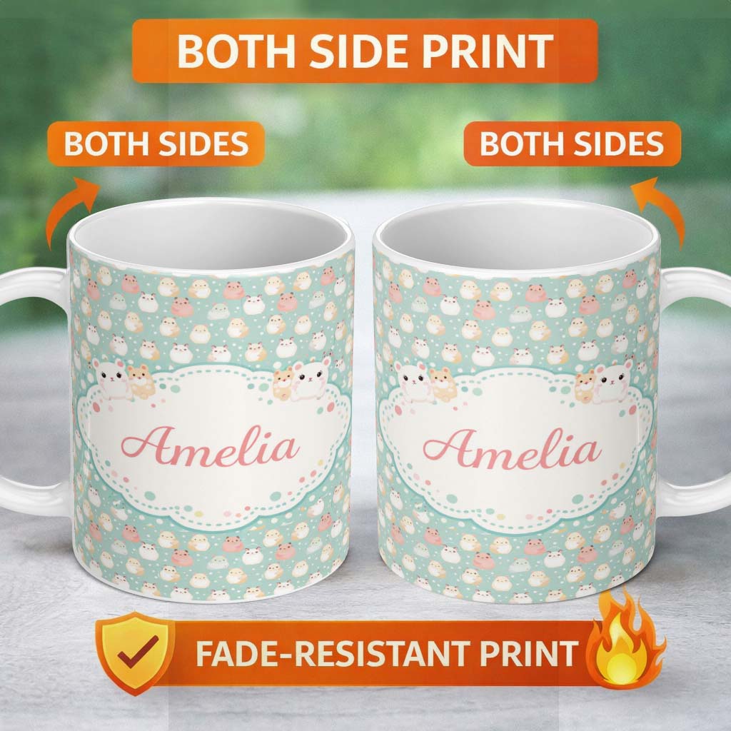 Personalized Custom Name Pastel Cute Hamster Soft Polka Dot Seamless Pattern Cute Unique Gift 11oz Ceramic Coffee Tea Mug White Large Handle