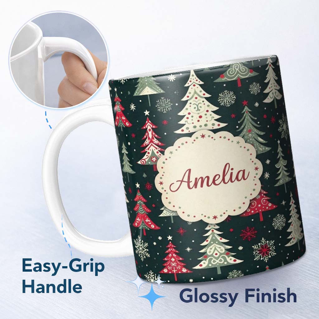 Personalized Custom Name Nordic Christmas Trees Red White Green Snowflakes Festive Seamless 11oz Ceramic Coffee Tea Mug White Large Handle