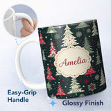 Personalized Custom Name Nordic Christmas Trees Red White Green Snowflakes Festive Seamless 11oz Ceramic Coffee Tea Mug White Large Handle