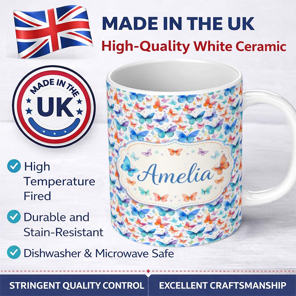 Personalized Custom Name Bright Rainbow Butterflies with Colorful Floral Accents Seamless 11oz Ceramic Coffee Tea Mug White Large Handle