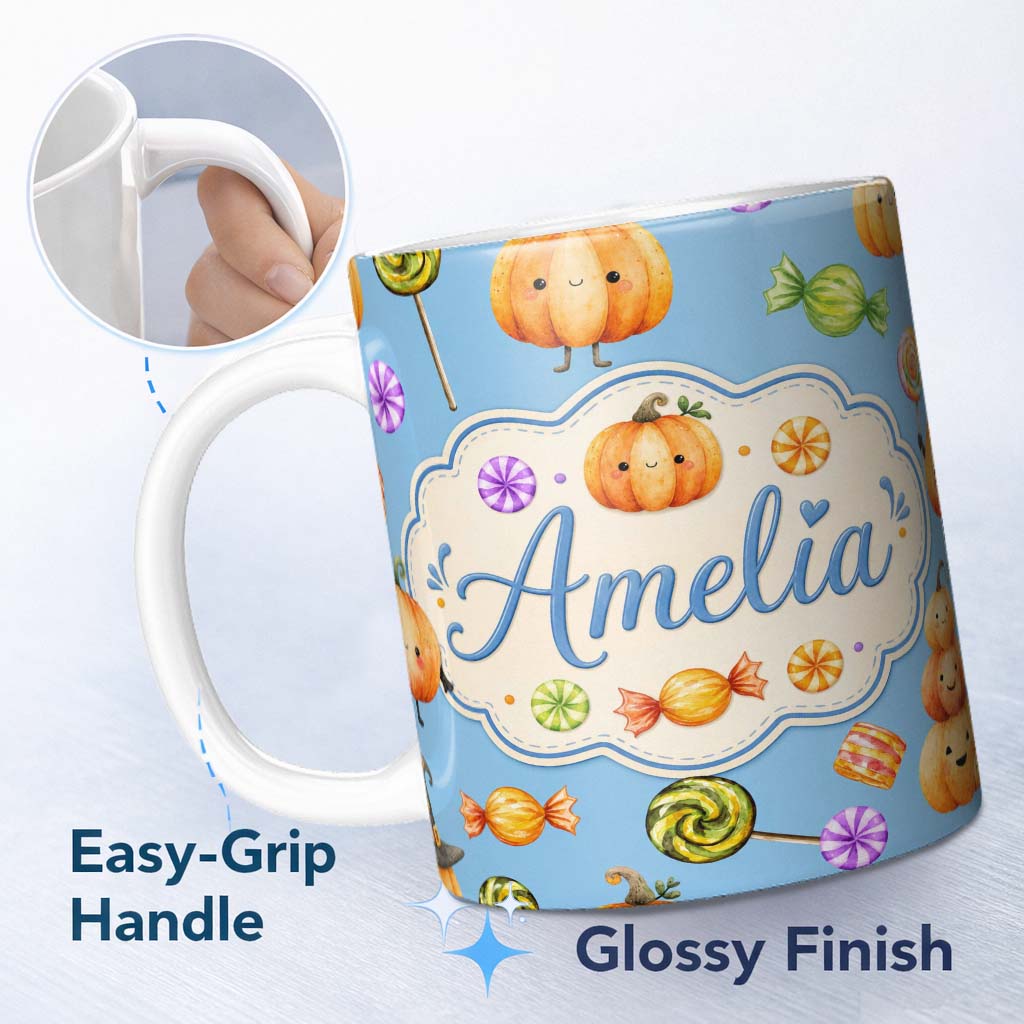 Personalized Custom Name Cute Watercolor Pumpkins and Candy Sweets on Purple Background 11oz Ceramic Coffee Tea Mug White Large Handle