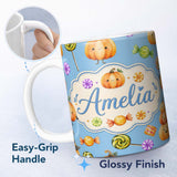Personalized Custom Name Cute Watercolor Pumpkins and Candy Sweets on Purple Background 11oz Ceramic Coffee Tea Mug White Large Handle