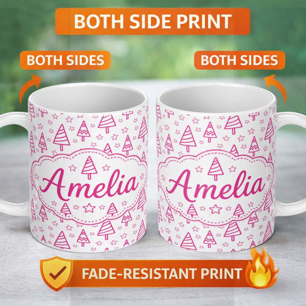 Personalized Custom Name Minimal Pink Christmas Tree Star Seamless Pattern Cute Unique Gift 11oz Ceramic Coffee Tea Mug White Large Handle