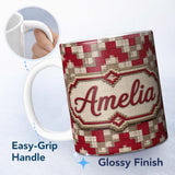 Personalized Custom Name Red Beige Pixel Grid Geometric Abstract Seamless Pattern Lovely 11oz Ceramic Coffee Tea Mug White Large Handle