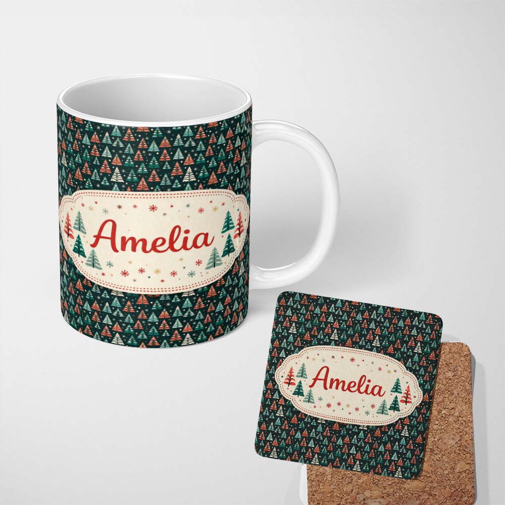 Personalized Custom Name Dark Background Christmas Trees Festive Seamless Pattern Lovely 11oz Ceramic Coffee Tea Mug White Large Handle
