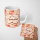 Personalized Custom Name Soft Red Floral Watercolour Blossom Seamless Pattern Lovely 11oz Ceramic Coffee Tea Mug White Large Handle