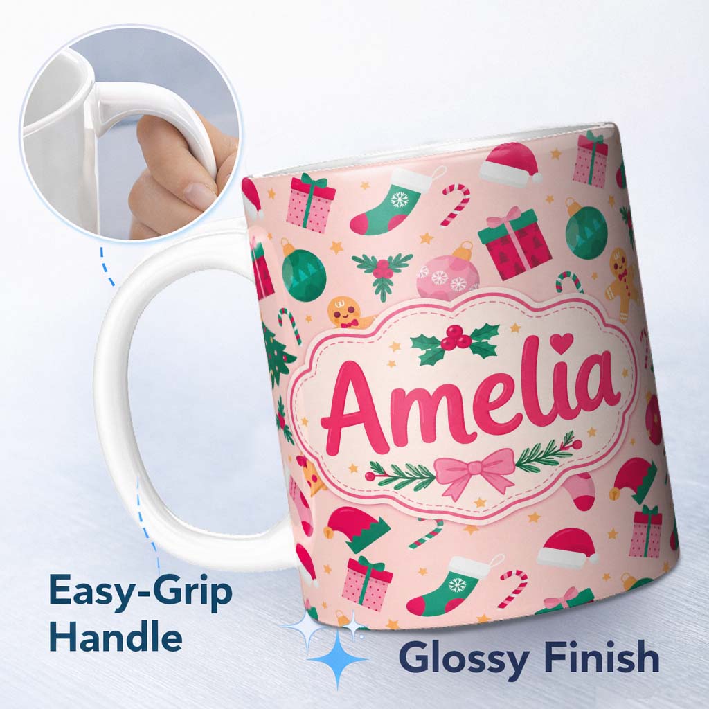 Personalized Custom Name Cute Gingerbread Candy Cane Christmas Tree Seamless Pattern Lovely 11oz Ceramic Coffee Tea Mug White Large Handle